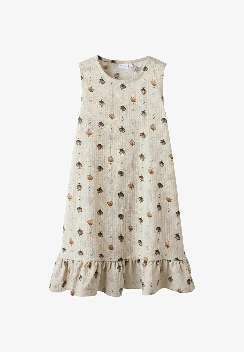 Robe sans manches crème avec un ourlet évasé, ornée d'un motif de coquillages marron et violet. Tissu texturé avec une coupe décontractée.