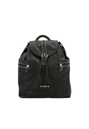 Sac à dos noir avec rabat frontal, fermeture par boucle, deux poches latérales zippées, poignée supérieure et étiquette de marque "Picard" sur le devant.