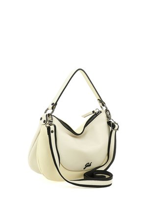 Borsa a mano in pelle color crema con rifinitura nera, doppi manici, comprensiva di tracolla removibile e chiusura superiore con zip visibile.