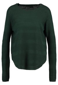 Mörkgrön tröja med lång ärm, rund halsringning och en strukturerad mönster av horisontella ränder. Materialet verkar mjukt och stickat.