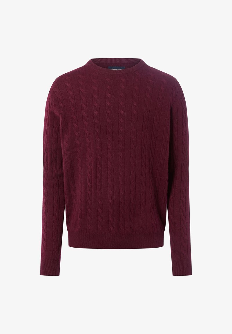 Pull en maille torsadée bordeaux avec col ras du cou, manches longues et poignets et ourlet côtelés, confectionné en tissu doux.