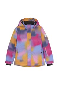 Färgglad vattentålig jacka med huva, som har en kombination av rosa, lila, orange och blå nyanser i ett mjukt tyg med en slät yta.