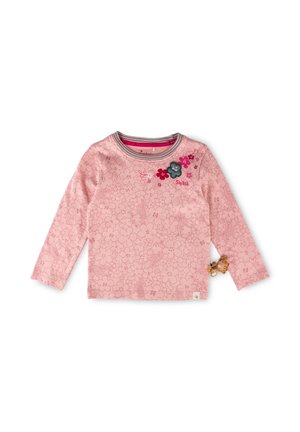 Langärmliges pinkes Oberteil mit floralem Muster, rundem gestreiften Halsausschnitt und dekorativen Blumenakzenten in Blau und Pink um den Kragen.