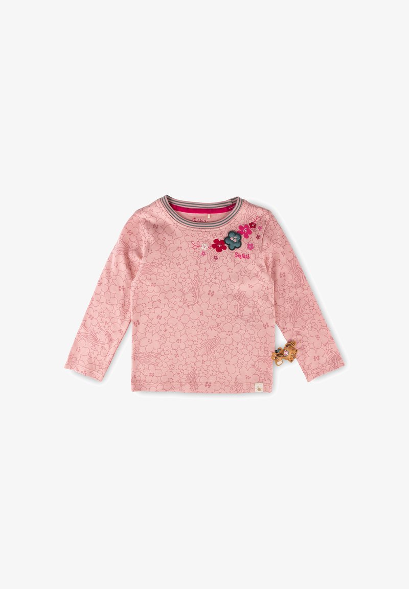 Langärmliges pinkes Oberteil mit floralem Muster, rundem gestreiften Halsausschnitt und dekorativen Blumenakzenten in Blau und Pink um den Kragen.