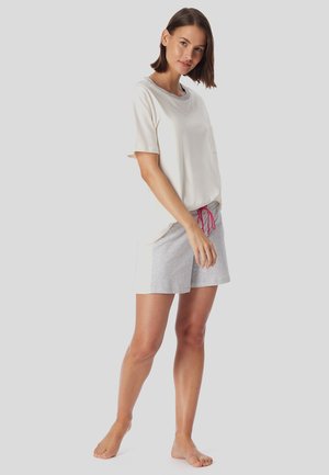 Light gray cotton shorts with pink drawstring and a white short-sleeve top featuring a chest pocket, smooth texture, and relaxed fit.