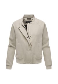Veste bomber beige clair avec col, poignets et ourlet côtelés, fermeture éclair devant avec boutons-pression et deux poches latérales verticales.