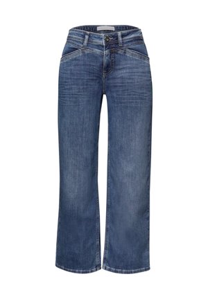 Jean en denim bleu taille haute à jambes larges, fermeture à bouton et zip à l'avant, avec des détails légèrement délavés sur les cuisses et les genoux.