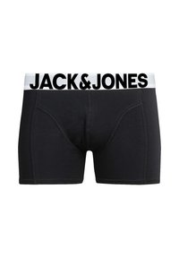 Black cotton boxer shorts with a white elastic waistband featuring "JACK&JONES" in bold black letters. Smooth texture, fitted design.