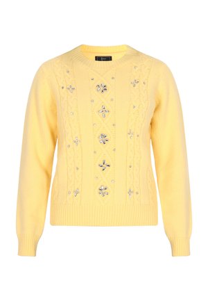 Pulover galben tricotat, cu design din cabluri, având accente florale cu mărgeluțe în partea din față și manșete și margine din material cu milă.