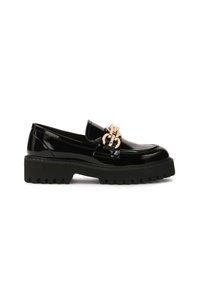 Black patent leather loafers with a chunky black outsole, featuring a gold interlocking chain detail on the top. Rounded toe design.