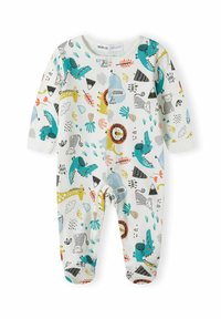 Bela bodička za dojenčke z dolgimi rokavi, izdelana iz belega bombaža, s pisanimi vzorci živali in narave, s pritrdilnim gumbom spredaj in z nogavicami.