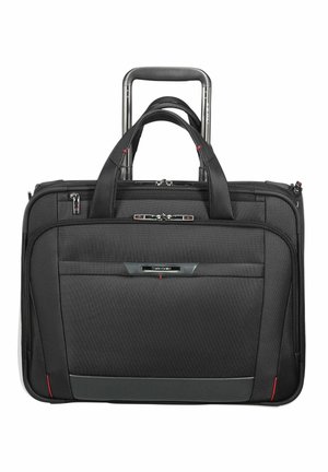 Malette noire à roulettes avec poignée télescopique, double poignée supérieure, poche avant zippée et détails de fermeture éclair argentés.