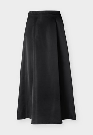 Black satin A-line midi skirt with fitted waistband and smooth, flowing fabric against a plain light background.