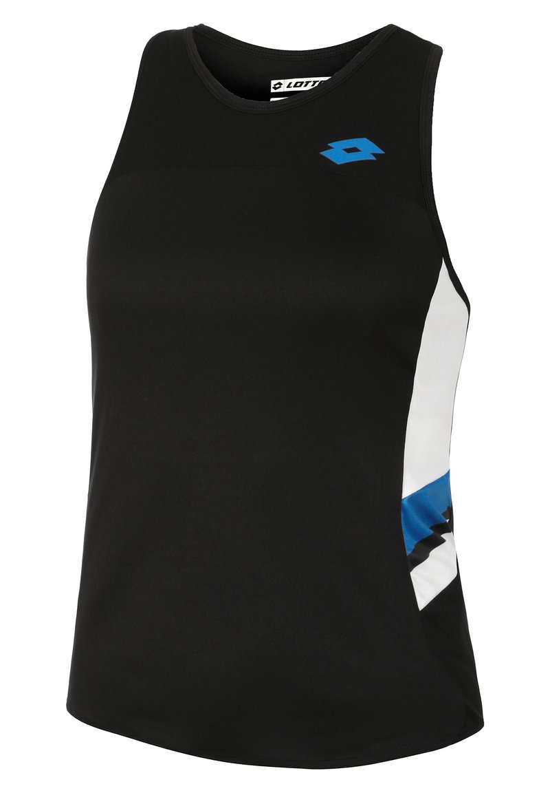 Canotta sportiva nera con accenti diagonali blu e bianchi, texture liscia e scollatura rotonda. Logo visibile sulla spalla sinistra.