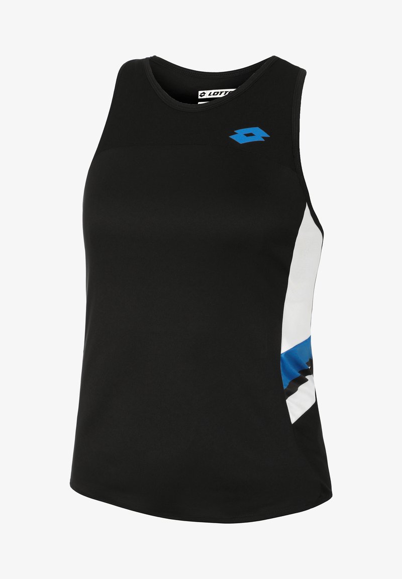 Débardeur de sport noir avec des accents diagonaux bleus et blancs, texture lisse et encolure ronde. Logo affiché sur l'épaule gauche.