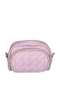 Borsa in pelle rosa trapuntata con due scomparti con zip, hardware dorato e bordi arrotondati. La superficie presenta un motivo a rombi.