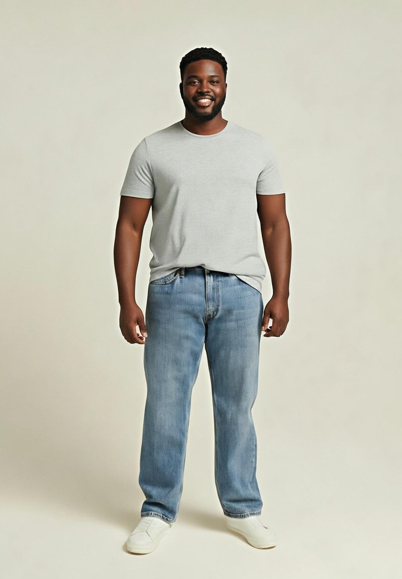 Hombre sonriente de pie, vistiendo una camiseta gris claro, jeans azules y zapatos slip-on blancos, frente a un fondo neutro y liso.