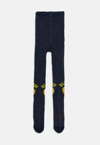 Leggings navy con macchie multicolori, con grafiche di faccine sorridenti gialle e rosa e la parola "BLUSH" sulle ginocchia. Texture morbida.