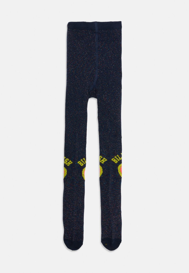 Leggings navy con macchie multicolori, con grafiche di faccine sorridenti gialle e rosa e la parola "BLUSH" sulle ginocchia. Texture morbida.