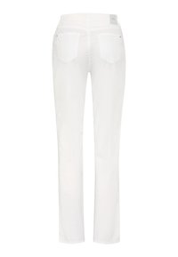White straight-leg jeans shown from the back with two rear pockets and a brand label on the waistband.