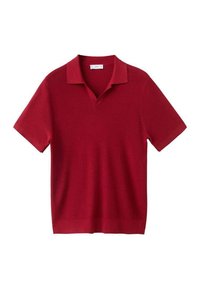 Rød polo-shirt med korte ærmer og V-hals, lavet af tekstureret strikket stof, med en afslappet pasform og ribbet kant.