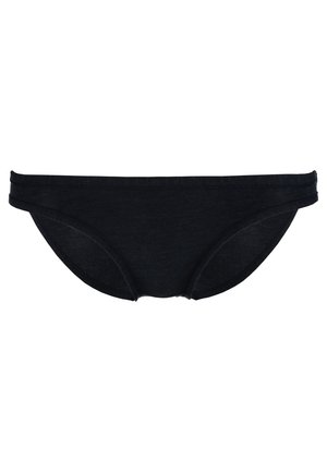 Zwarte katoenen bikini-onderbroek met een lage taille, een gladde textuur en minimale elastische details langs de tailleband en beenopeningen.