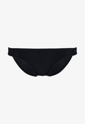 Black, cotton bikini underwear featuring a low-rise design, smooth texture, and minimal elastic detailing along the waistband and leg openings.
