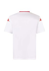 Witte t-shirt met korte mouwen met rode accenten op de kraag en mouwen. Bevat een logo in het rood op beide mouwen. Zachte stoftextuur.