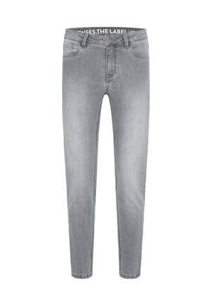 Grey denim jeans with a slim fit, five-pocket design, button closure, and branded waistband. Smooth texture with slight fading.