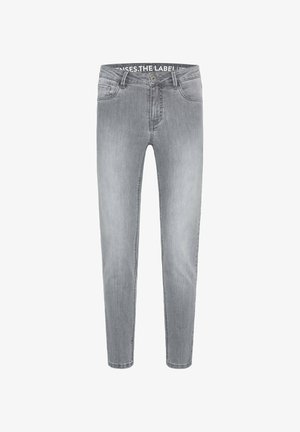 Grey denim jeans with a slim fit, five-pocket design, button closure, and branded waistband. Smooth texture with slight fading.