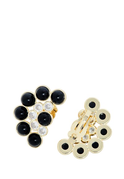 Goldfarbene Ohrringe mit schwarzen runden Steinen und klaren Kristallen, die in einem floralen Muster angeordnet sind und mit einer Clip-on-Verschlussdesign ausgestattet sind.