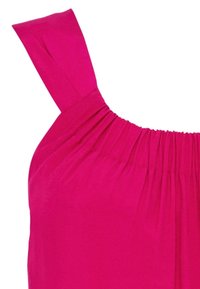 Top sin mangas fucsia con fruncido elástico en el escote y tirantes anchos, hecho de una tela ligera y suave.