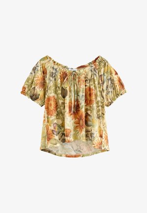 Blumenbluse mit Puffärmeln, schulterfreies Design. Hat einen hellgrünen Grundton mit orangefarbenen und gelben Blumen, elastischem Ausschnitt und geraffter Textur.