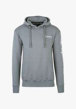 Grauer Hoodie aus Baumwollmischung, mit einer Fronttasche, Kordelzugkapuze und weißem Logo auf der Brust und dem Ärmel. Glatte Textur.