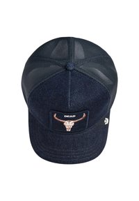 Jeans-Baseballkappe mit dunkelblauem Vorderteil, Netzrücken, besticktem Stier-Schädelflicken und verstellbarem Riemen hinten.