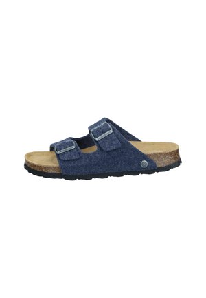 Dunkelblaue Filzsandalen mit zwei verstellbaren Riemen, Korkfußbett und schwarzer Gummisohle. Mit Metallakzenten und strukturierten Oberflächen.