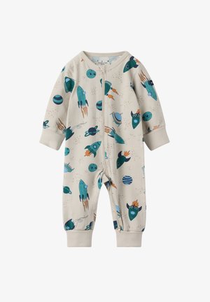 Un body couleur crème avec un thème spatial, illustré de fusées, de planètes et d'aliens en teal, orange et bleu foncé. Fermeture zippée.