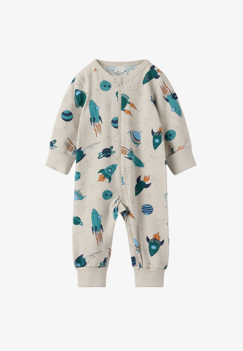 Cremefarbener Einteiler mit einem Weltraumthema, verziert mit Illustrationen von Raketen, Planeten und Aliens in Türkis, Orange und Dunkelblau. Mit Reißverschluss.