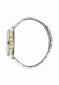 Orologio argentato con bracciale in acciaio inossidabile e accenti dorati. Caratterizzato da una cassa rotonda e da una corona texturizzata. Legami elegantemente progettati nel bracciale.