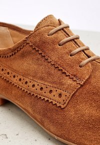 Chaussure en daim marron avec un design à lacets, accents perforés sur le côté et une semelle en cuir lisse. La surface texturée est douce et mate.