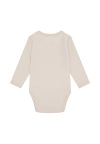Body per neonati beige a maniche lunghe con scollatura rotonda e chiusure a scatto all'inguine, mostrato da dietro su sfondo bianco.