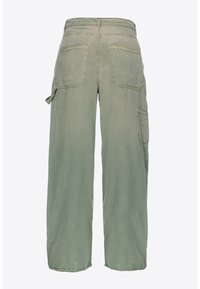 Wide-leg cargo pants in light olive green fabric, featuring multiple pockets, a textured finish, and a relaxed silhouette.