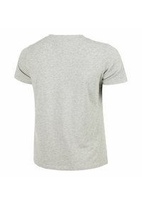 Eenvoudig lichtgrijs T-shirt met korte mouwen, gezien vanuit de achterkant, met een ronde hals en een eenvoudig ontwerp.