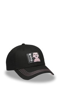 Casquette de baseball noire avec un patch à l'avant représentant un personnage de dessin animé en rose et noir. Un fil rose le long de la visière ajoute des détails.