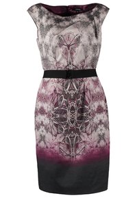 Ärmelloses Kleid mit geometrischem Muster in Grautönen, Lila und Schwarz. Mit einem schwarzen Gürtel in der Taille. Glatte Stofftextur.