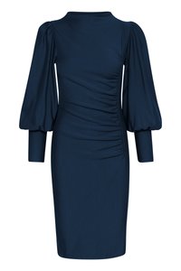 Navy blue dress with a high neck, puffed long sleeves, and gathered detailing on the side. Made of smooth, stretchy fabric.