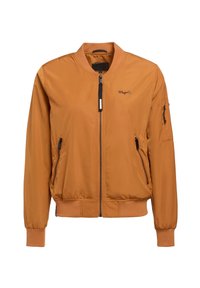 Bomberjack in oranje stof met een ritssluiting aan de voorkant, ribgebreide manchetten en onderkant, zijzakken met rits en een klein logo op de borst.