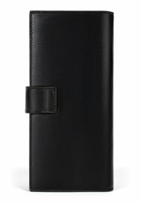 Czarny skórzany portfel o gładkiej fakturze, prostokątnym kształcie i przeszywanych krawędziach. Posiada bezpieczne zapięcie na pasujący pasek.