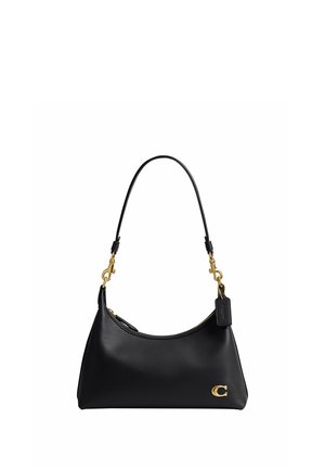 Sac à bandoulière en cuir noir avec des finitions dorées, bandoulière courte, fermeture zippée et petit logo doré à l'avant.