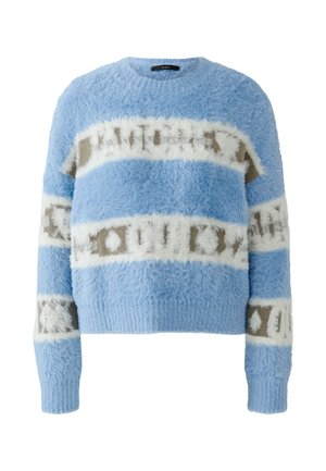 Fuzzy blue sweater with white and beige horizontal stripes. Crew neck, long sleeves, textured fabric with a soft, plush appearance.